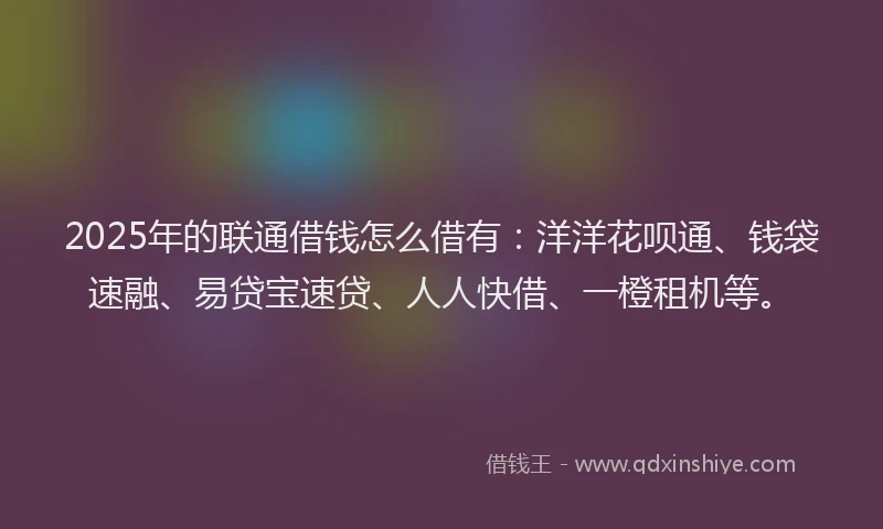 2025年的联通借钱怎么借有：洋洋花呗通、钱袋速融、易贷宝速贷、人人快借、一橙租机等。