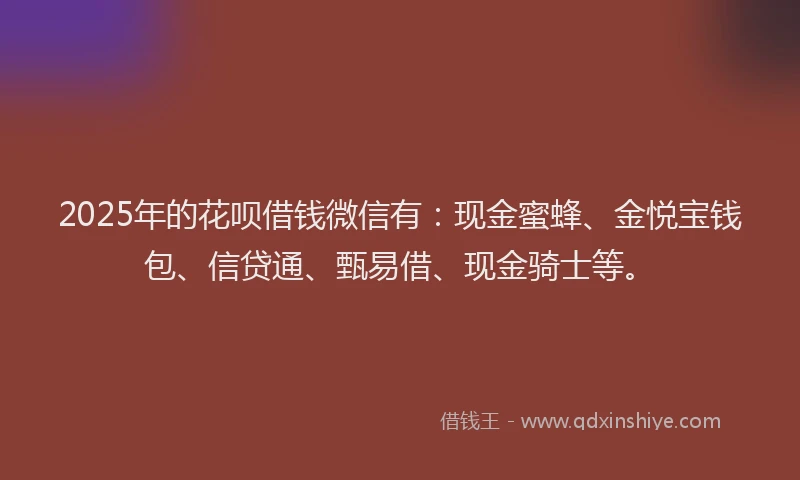 2025年的花呗借钱微信有：现金蜜蜂、金悦宝钱包、信贷通、甄易借、现金骑士等。