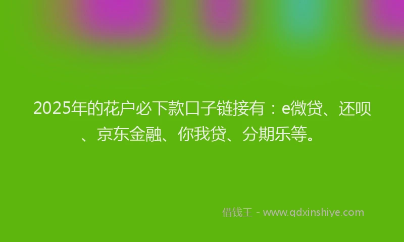 2025年的花户必下款口子链接有：e微贷、还呗、京东金融、你我贷、分期乐等。