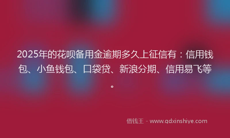 2025年的花呗备用金逾期多久上征信有：信用钱包、小鱼钱包、口袋贷、新浪分期、信用易飞等。