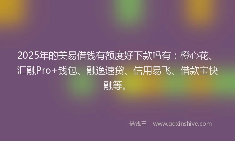 2025年的美易借钱有额度好下款吗有：橙心花、汇融Pro+钱包、融逸速贷、信用易飞、借款宝快融等。