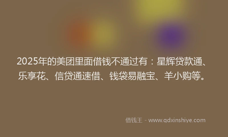 2025年的美团里面借钱不通过有:星辉贷款通、乐享花、信贷通速借、钱袋易融宝、羊小购等。