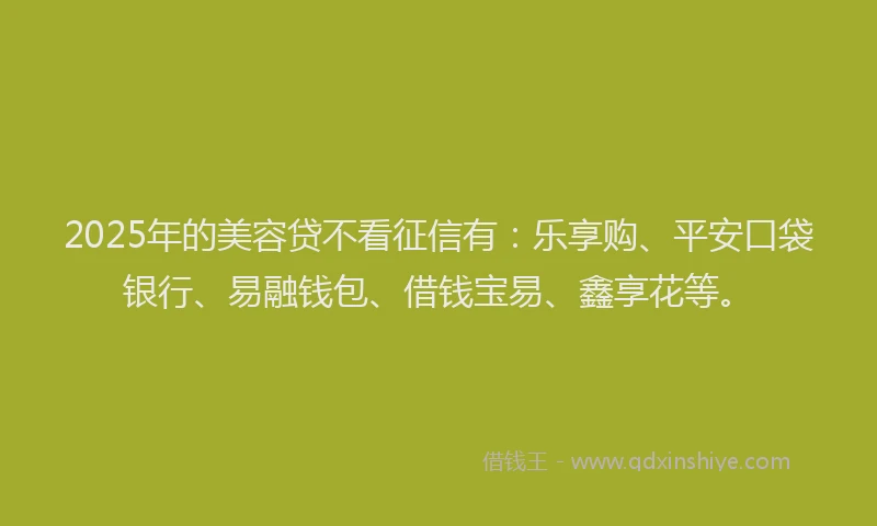 2025年的美容贷不看征信有：乐享购、平安口袋银行、易融钱包、借钱宝易、鑫享花等。