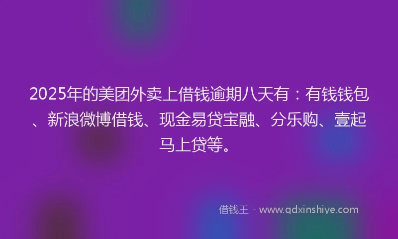2025年的美团外卖上借钱逾期八天有：有钱钱包、新浪微博借钱、现金易贷宝融、分乐购、壹起马上贷等。