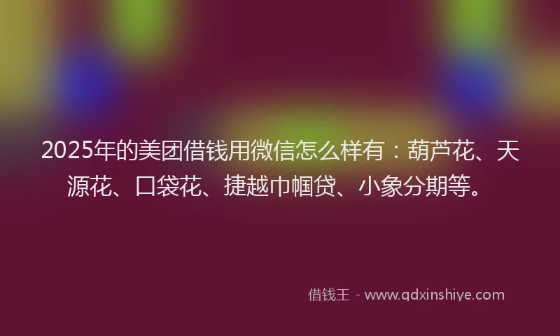 2025年的美团借钱用微信怎么样有：葫芦花、天源花、口袋花、捷越巾帼贷、小象分期等。