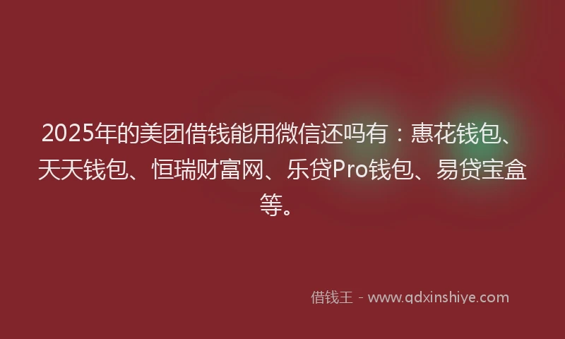 2025年的美团借钱能用微信还吗有：惠花钱包、天天钱包、恒瑞财富网、乐贷Pro钱包、易贷宝盒等。