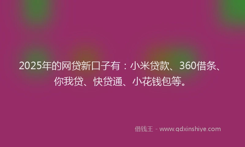 2025年的网贷新口子有：小米贷款、360借条、你我贷、快贷通、小花钱包等。