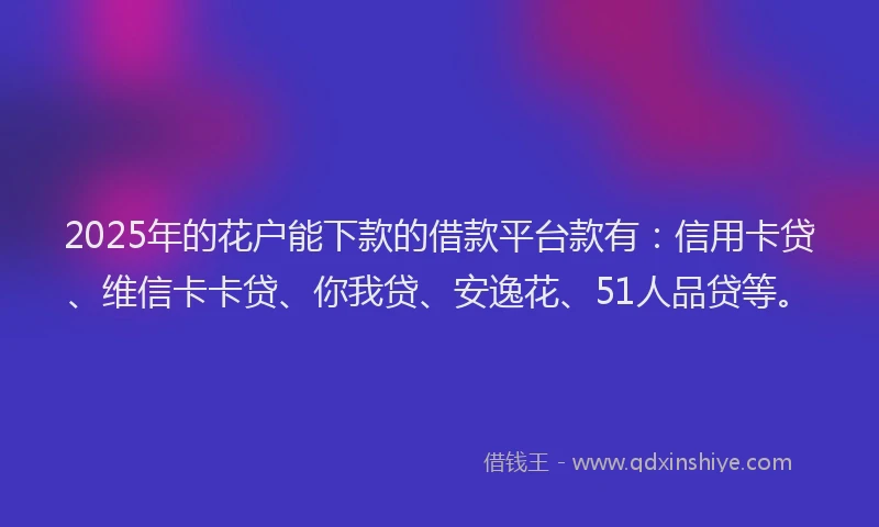 2025年的花户能下款的借款平台款有：信用卡贷、维信卡卡贷、你我贷、安逸花、51人品贷等。