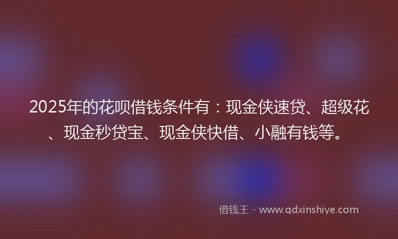 2025年的花呗借钱条件有：现金侠速贷、超级花、现金秒贷宝、现金侠快借、小融有钱等。