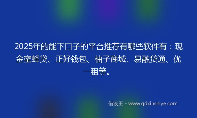 2025年的能下口子的平台推荐有哪些软件有：现金蜜蜂贷、正好钱包、柚子商城、易融贷通、优一租等。