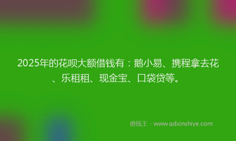 2025年的花呗大额借钱有：鹅小易、携程拿去花、乐租租、现金宝、口袋贷等。