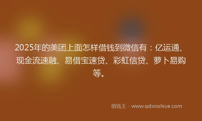 2025年的美团上面怎样借钱到微信有：亿运通、现金流速融、易借宝速贷、彩虹信贷、萝卜易购等。