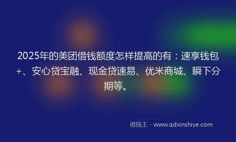2025年的美团借钱额度怎样提高的有:速享钱包+、安心贷宝融、现金贷速易、优米商城、瞬下分期等。