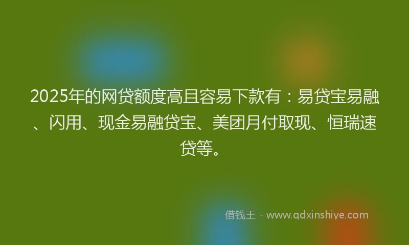 2025年的网贷额度高且容易下款有：易贷宝易融、闪用、现金易融贷宝、美团月付取现、恒瑞速贷等。