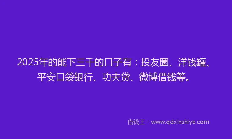 2025年的能下三千的口子有:投友圈、洋钱罐、平安口袋银行、功夫贷、微博借钱等。