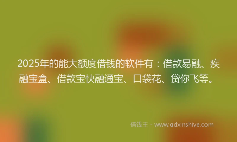 2025年的能大额度借钱的软件有：借款易融、疾融宝盒、借款宝快融通宝、口袋花、贷你飞等。