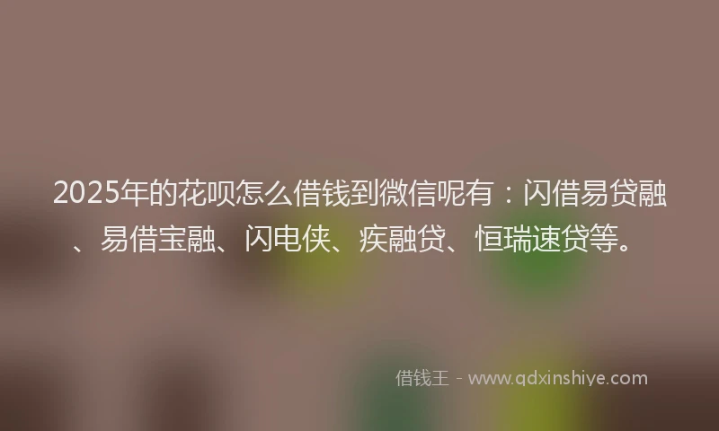 2025年的花呗怎么借钱到微信呢有：闪借易贷融、易借宝融、闪电侠、疾融贷、恒瑞速贷等。