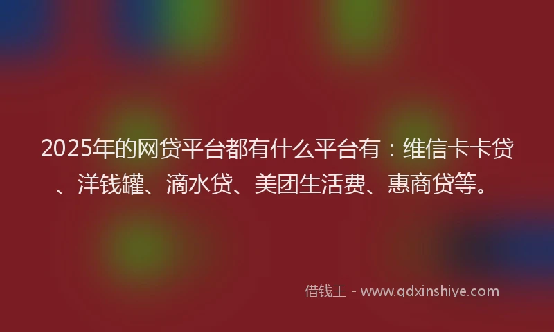 2025年的网贷平台都有什么平台有：维信卡卡贷、洋钱罐、滴水贷、美团生活费、惠商贷等。