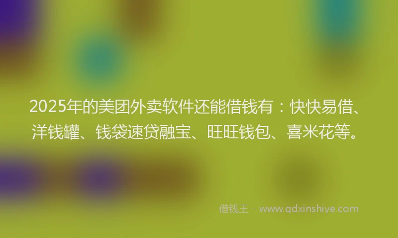 2025年的美团外卖软件还能借钱有：快快易借、洋钱罐、钱袋速贷融宝、旺旺钱包、喜米花等。
