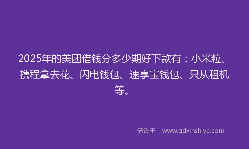 2025年的美团借钱分多少期好下款有：小米粒、携程拿去花、闪电钱包、速享宝钱包、只从租机等。