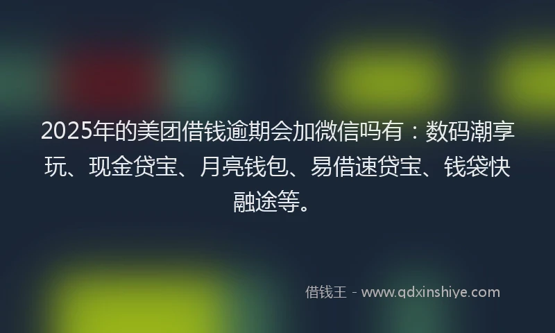 2025年的美团借钱逾期会加微信吗有：数码潮享玩、现金贷宝、月亮钱包、易借速贷宝、钱袋快融途等。