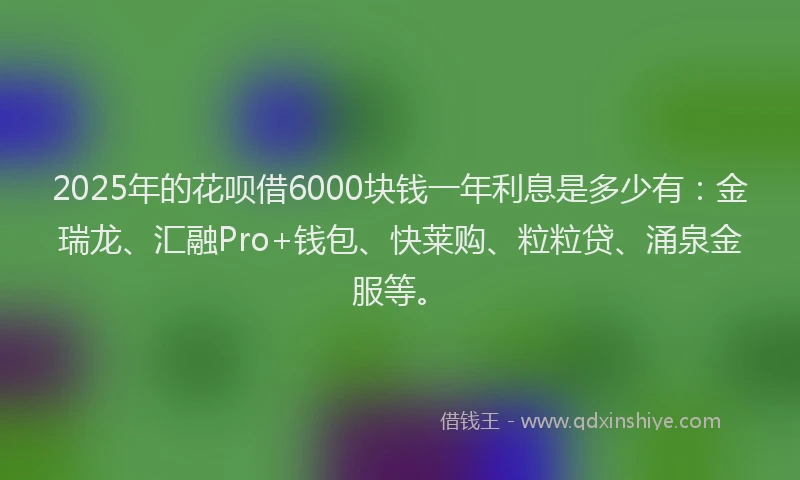 2025年的花呗借6000块钱一年利息是多少有：金瑞龙、汇融Pro+钱包、快莱购、粒粒贷、涌泉金服等。
