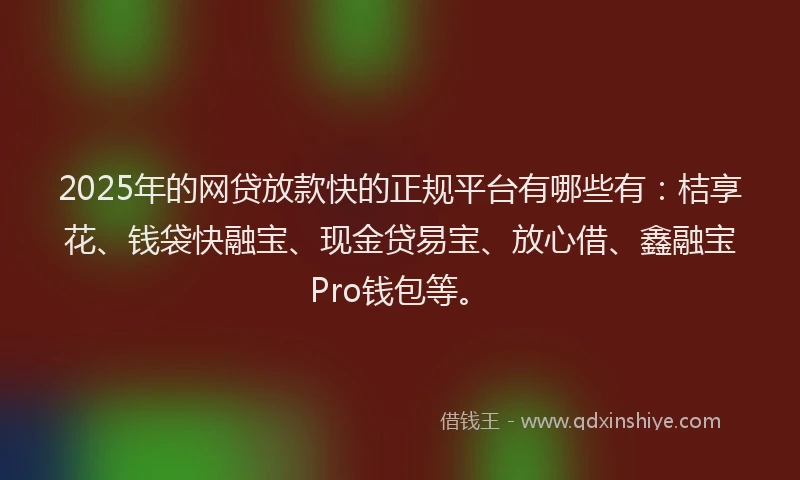 2025年的网贷放款快的正规平台有哪些有：桔享花、钱袋快融宝、现金贷易宝、放心借、鑫融宝Pro钱包等。