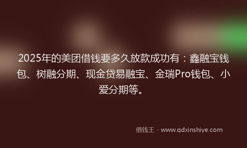 2025年的美团借钱要多久放款成功有：鑫融宝钱包、树融分期、现金贷易融宝、金瑞Pro钱包、小爱分期等。