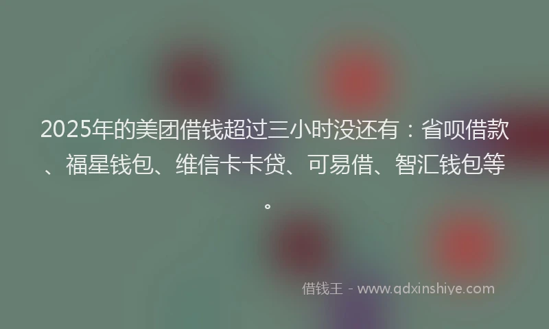 2025年的美团借钱超过三小时没还有：省呗借款、福星钱包、维信卡卡贷、可易借、智汇钱包等。