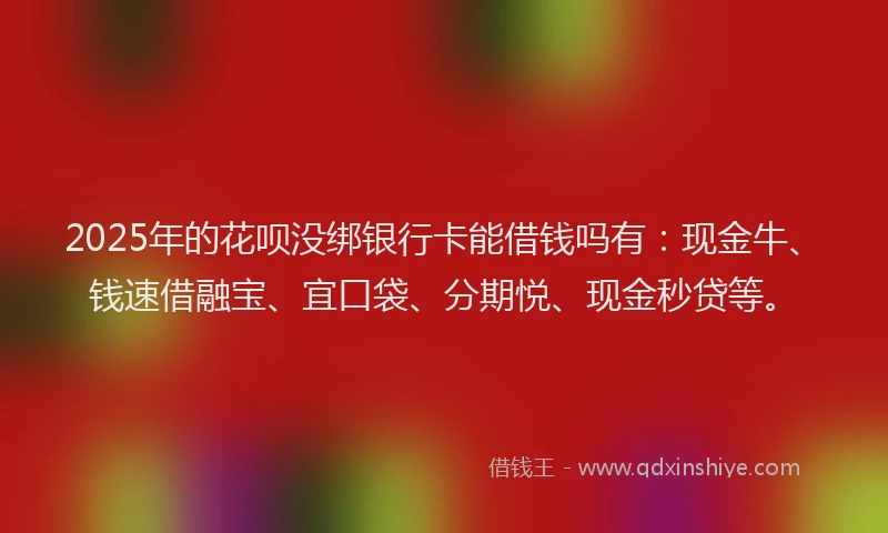 2025年的花呗没绑银行卡能借钱吗有：现金牛、钱速借融宝、宜口袋、分期悦、现金秒贷等。
