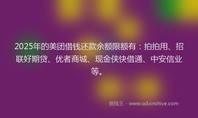 2025年的美团借钱还款余额限额有：拍拍用、招联好期贷、优者商城、现金侠快借通、中安信业等。