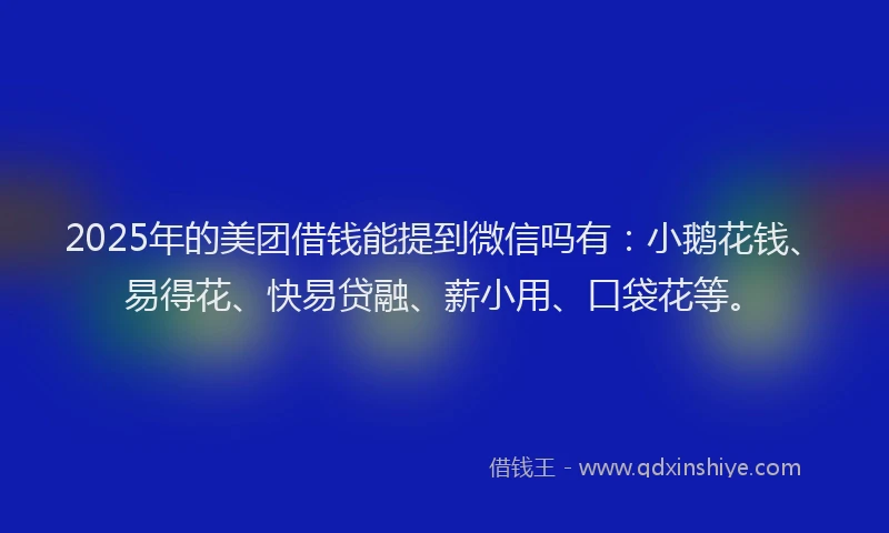 2025年的美团借钱能提到微信吗有：小鹅花钱、易得花、快易贷融、薪小用、口袋花等。