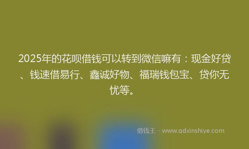 2025年的花呗借钱可以转到微信嘛有：现金好贷、钱速借易行、鑫诚好物、福瑞钱包宝、贷你无忧等。