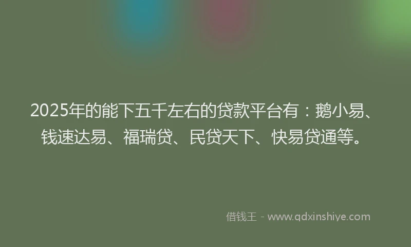 2025年的能下五千左右的贷款平台有：鹅小易、钱速达易、福瑞贷、民贷天下、快易贷通等。
