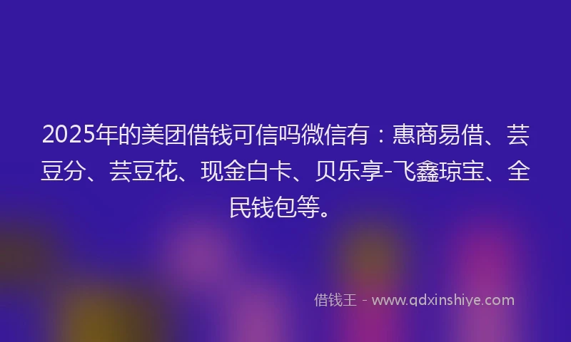 2025年的美团借钱可信吗微信有：惠商易借、芸豆分、芸豆花、现金白卡、贝乐享-飞鑫琼宝、全民钱包等。