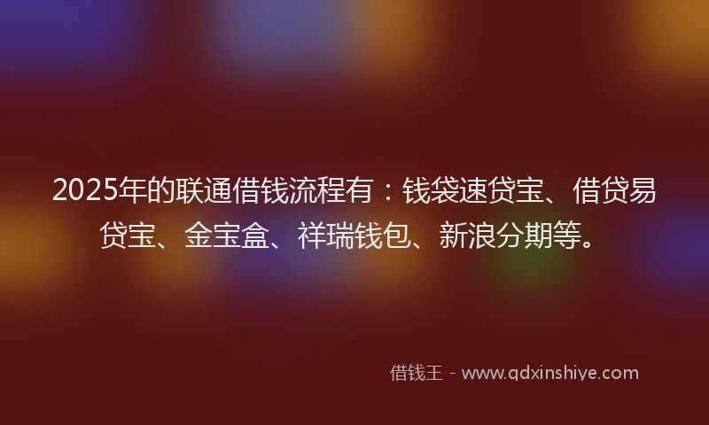 2025年的联通借钱流程有：钱袋速贷宝、借贷易贷宝、金宝盒、祥瑞钱包、新浪分期等。