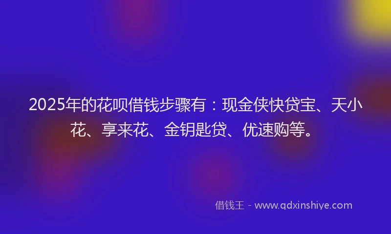2025年的花呗借钱步骤有：现金侠快贷宝、天小花、享来花、金钥匙贷、优速购等。
