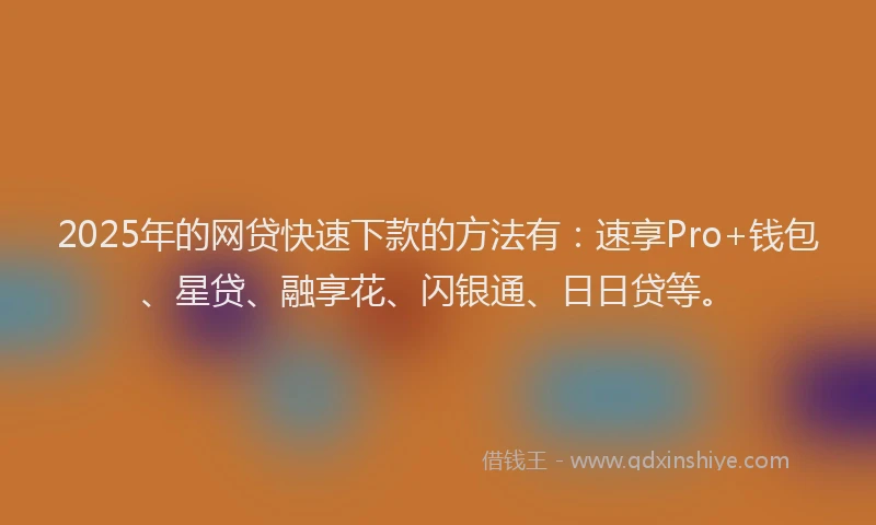 2025年的网贷快速下款的方法有：速享Pro+钱包、星贷、融享花、闪银通、日日贷等。