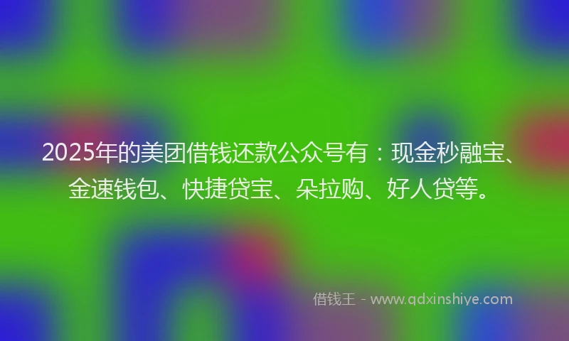 2025年的美团借钱还款公众号有：现金秒融宝、金速钱包、快捷贷宝、朵拉购、好人贷等。