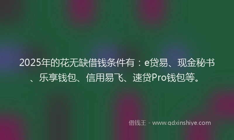 2025年的花无缺借钱条件有：e贷易、现金秘书、乐享钱包、信用易飞、速贷Pro钱包等。