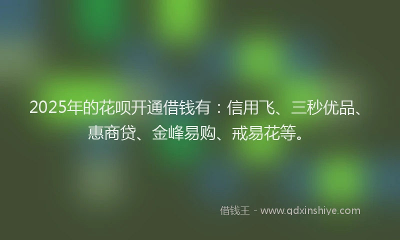 2025年的花呗开通借钱有：信用飞、三秒优品、惠商贷、金峰易购、戒易花等。