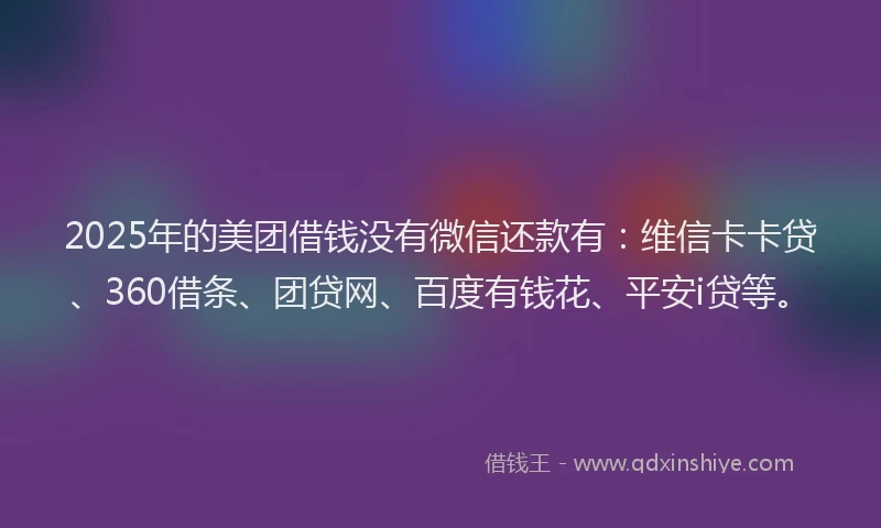 2025年的美团借钱没有微信还款有：维信卡卡贷、360借条、团贷网、百度有钱花、平安i贷等。