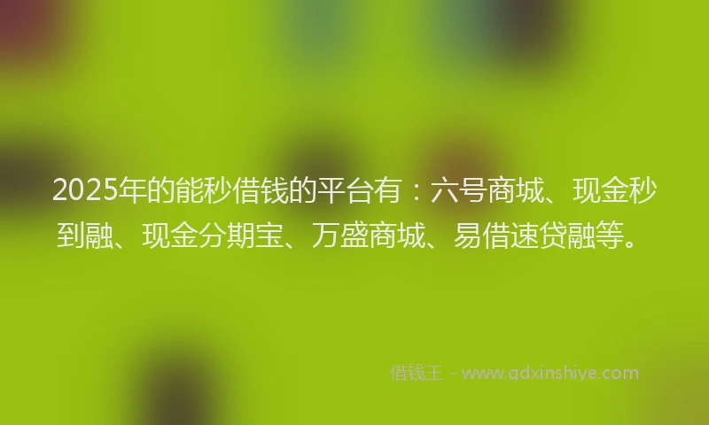 2025年的能秒借钱的平台有：六号商城、现金秒到融、现金分期宝、万盛商城、易借速贷融等。
