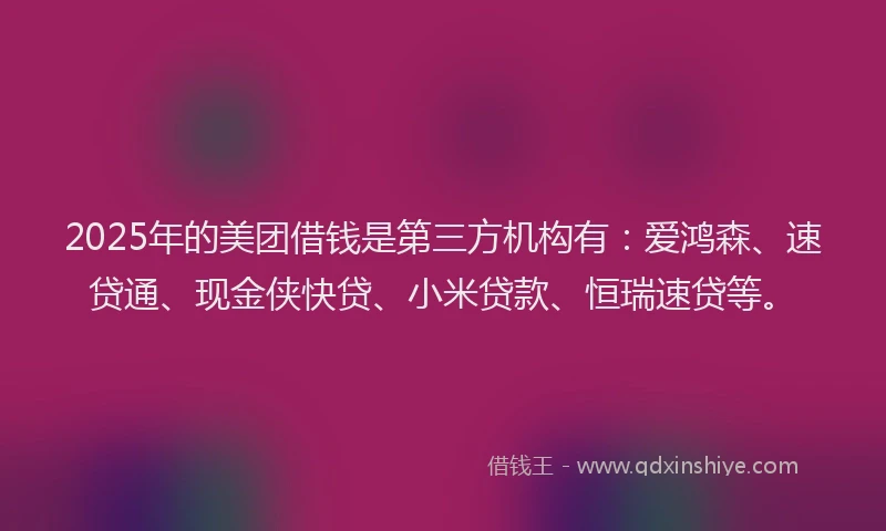 2025年的美团借钱是第三方机构有：爱鸿森、速贷通、现金侠快贷、小米贷款、恒瑞速贷等。