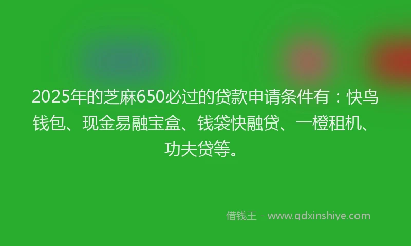 2025年的芝麻650必过的贷款申请条件有：快鸟钱包、现金易融宝盒、钱袋快融贷、一橙租机、功夫贷等。