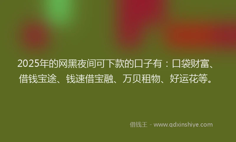 2025年的网黑夜间可下款的口子有：口袋财富、借钱宝途、钱速借宝融、万贝租物、好运花等。
