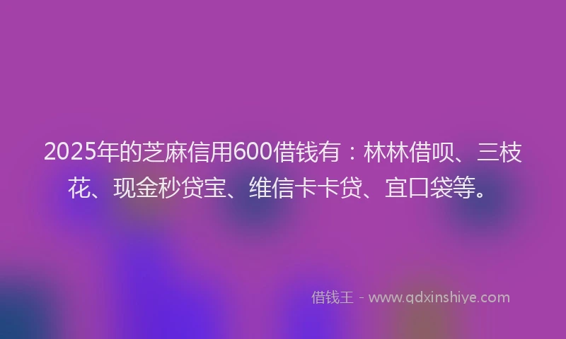 2025年的芝麻信用600借钱有：林林借呗、三枝花、现金秒贷宝、维信卡卡贷、宜口袋等。