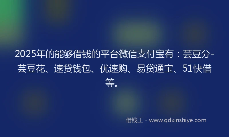 2025年的能够借钱的平台微信支付宝有：芸豆分-芸豆花、速贷钱包、优速购、易贷通宝、51快借等。