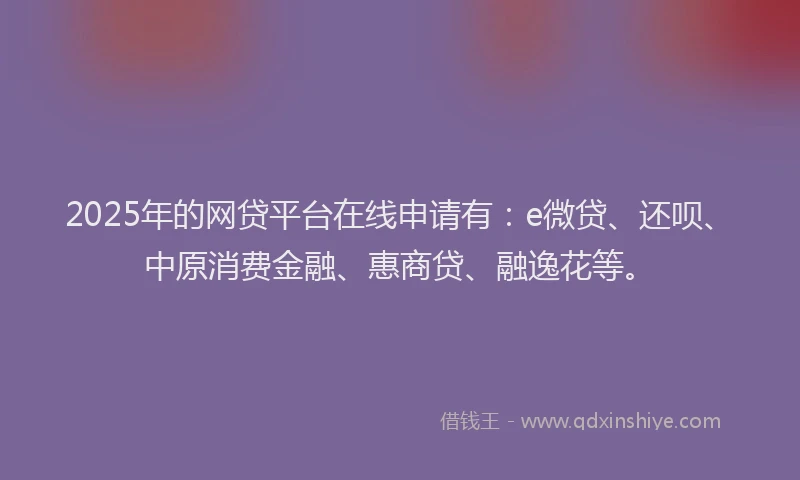 2025年的网贷平台在线申请有：e微贷、还呗、中原消费金融、惠商贷、融逸花等。