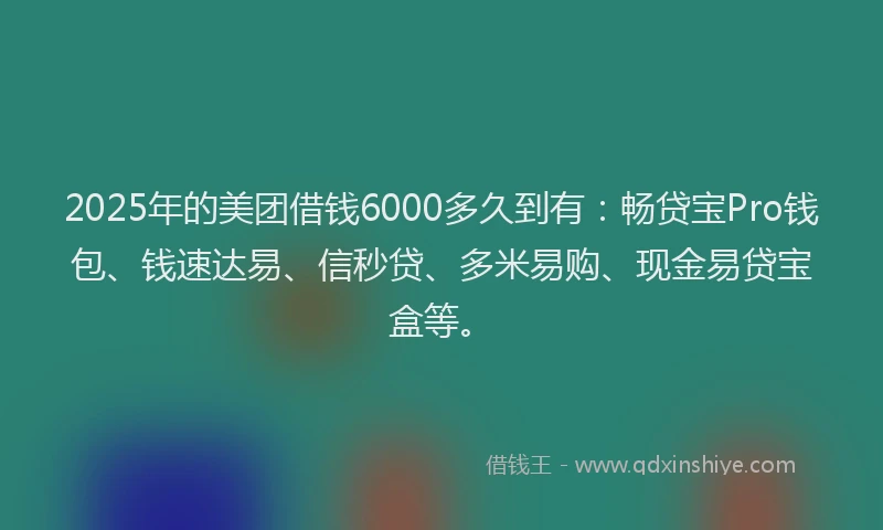2025年的美团借钱6000多久到有：畅贷宝Pro钱包、钱速达易、信秒贷、多米易购、现金易贷宝盒等。
